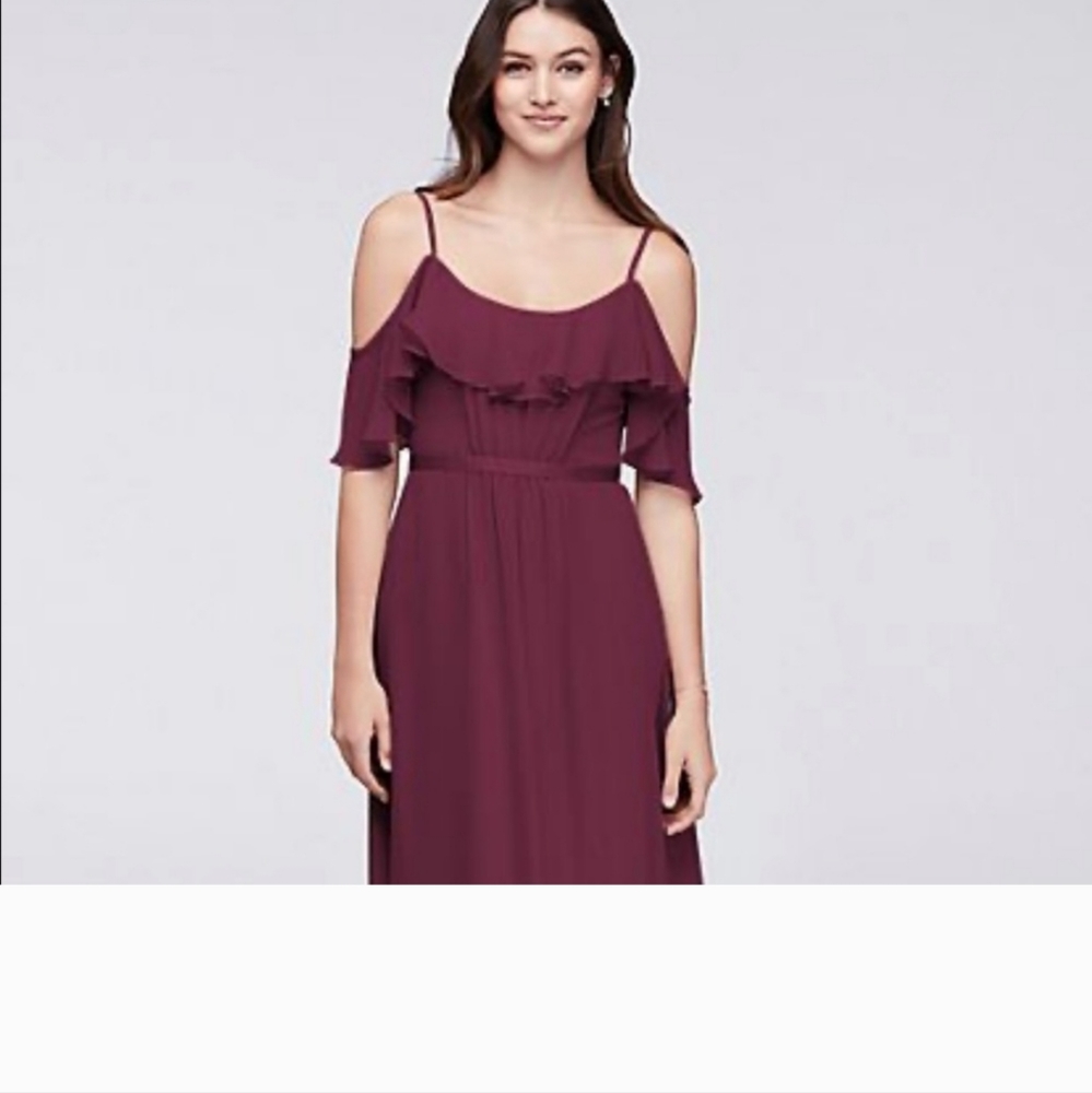 David's Bridal Cold-Shoulder Crinkle Chiffon Bridesmaids Dress, Wine Color, 4P